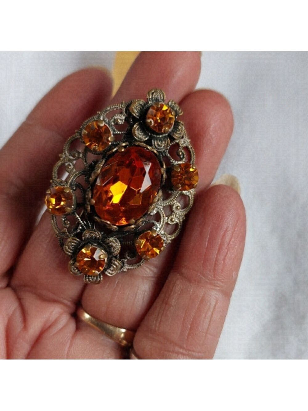 Vintage Amber Colored Filigree Rhinestone Brooch
